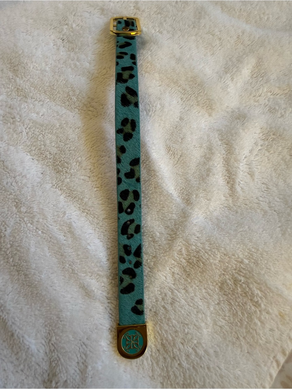 Rustic Cuff Teal and Black Leopard Print Bracelet with Gold Emblem